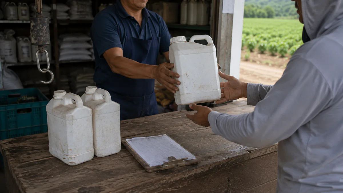 Un bodeguero entregando insumos fitosanitarios a un trabajador en el mostrador de la bodega