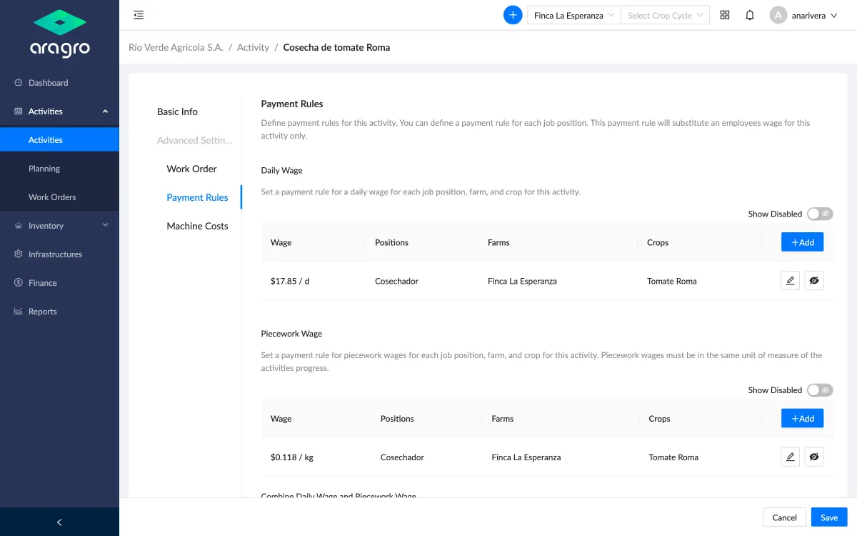 Daily and piecework payment rules configured in Aragro for reproducible payroll