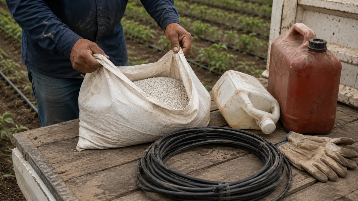 Fertilizante, manguera de goteo y combustible sobre el pickup de la finca: los insumos que consume un lote